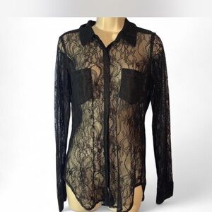 Guess sheer black lace long sleeve button down fitted collared shirt Size small
